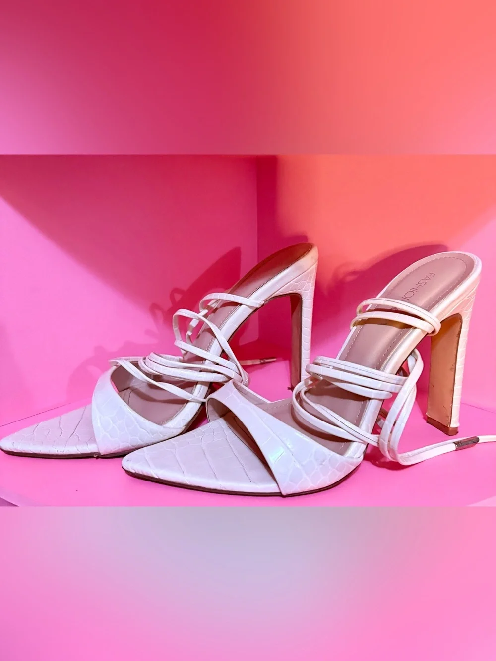 Fashion Nova Croc-Texture Strappy High Heel Sandals in Light Pink